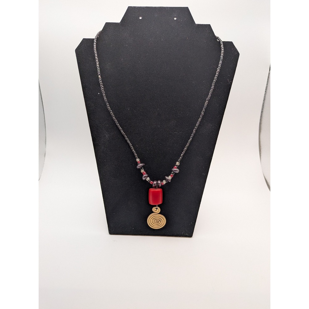 Vintage Red Black Beaded Spiral Pendant Necklace Boho Tribal Artisan Jewelry